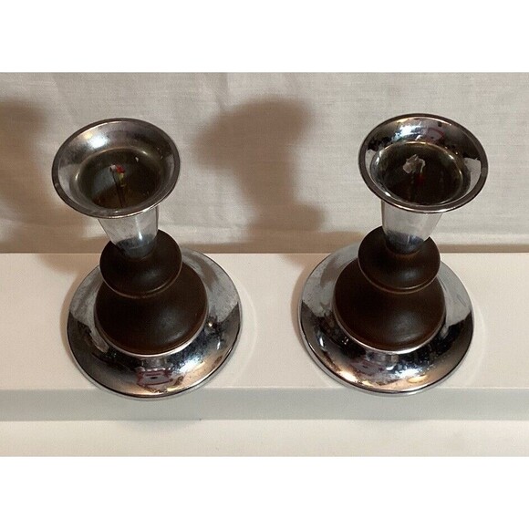 Kromex Teakwood & Metal Taper Candlestick Holders 4.5" MCM USA Vintage - Picture 3 of 14